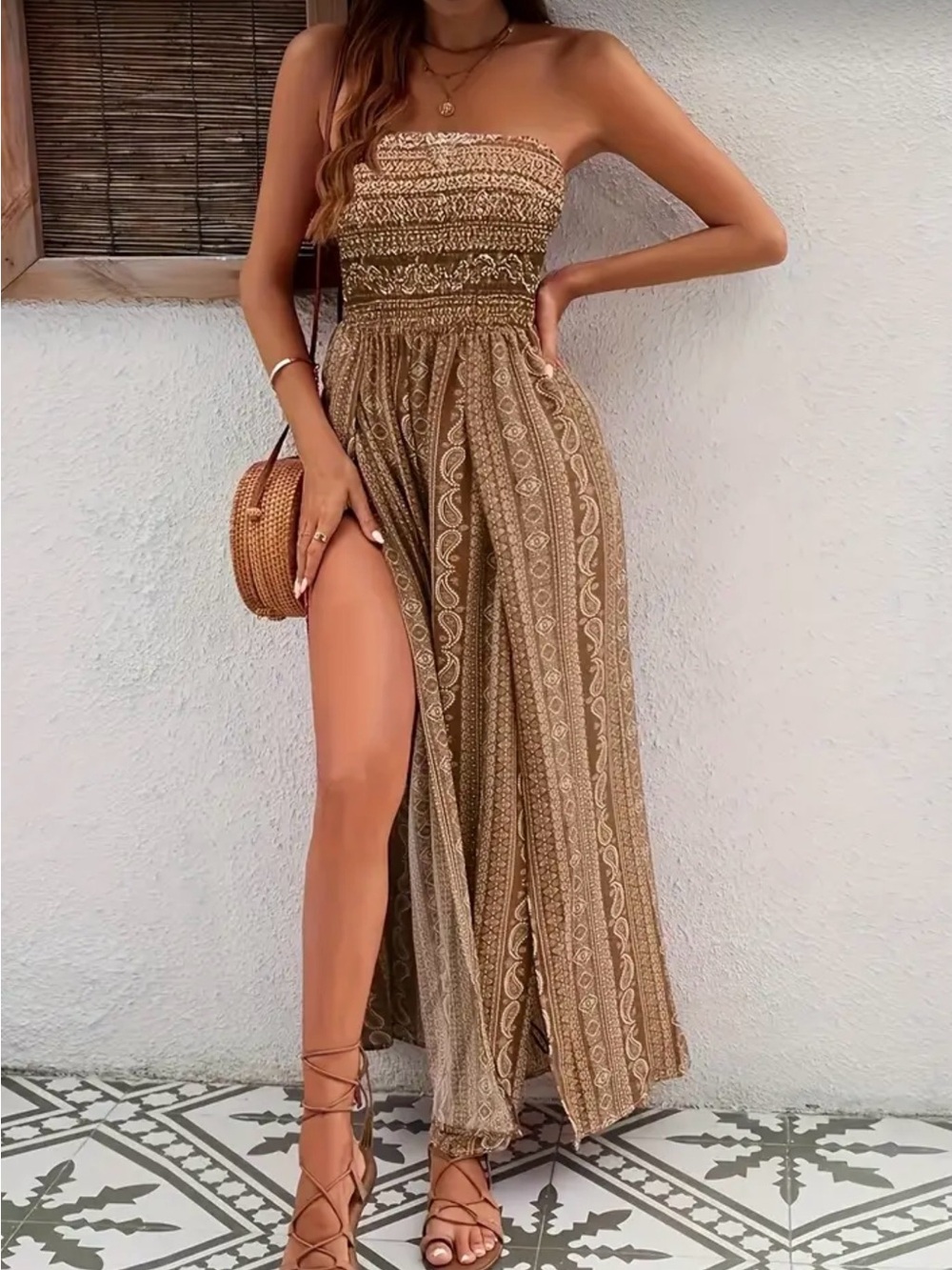 Strapless Brown Boho Slit Jumpsuit